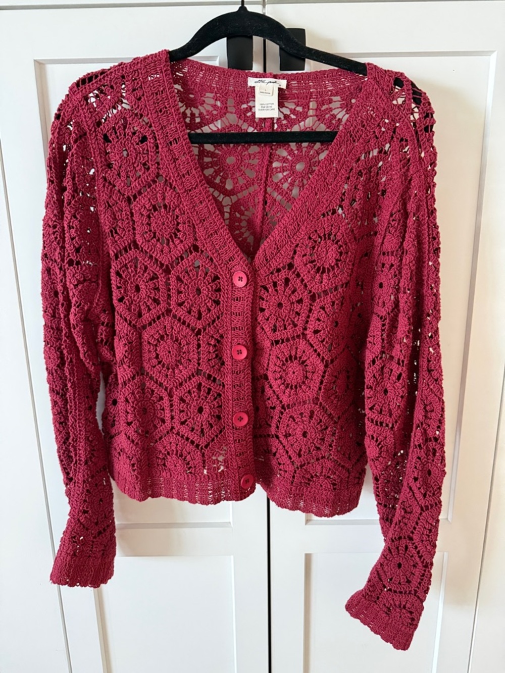 Ultra Pink Crochet Button-Front Cardigan in Berry